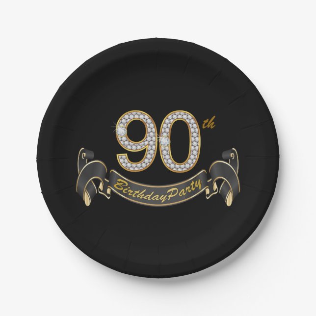 Assiettes En Carton Black Gold Diamond 90e fête d'anniversaire (Devant)