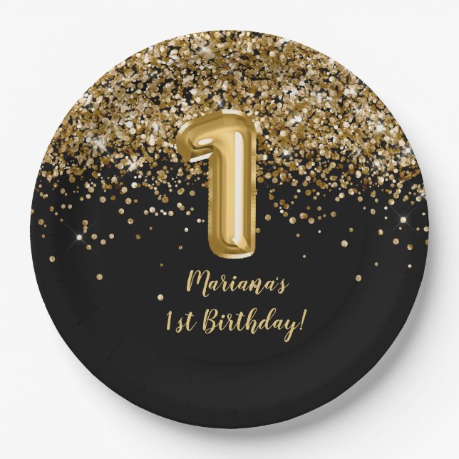 Assiettes En Carton Black Gold Enfants Fille 1er anniversaire (Devant)