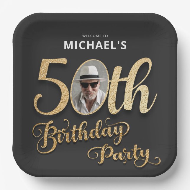 Assiettes En Carton Black Gold Faux Foil Photo personnalisée 50e anniv (Recto)