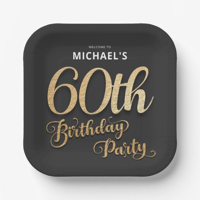 Assiettes En Carton Black Gold Foil 60e fête d'anniversaire (Recto)