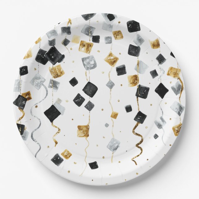Assiettes En Carton Black Gold Happy New Year Confetti (Devant)