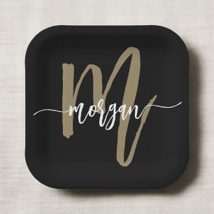 Assiettes En Carton Black Gold Modern Script Girl Monogramme Nom