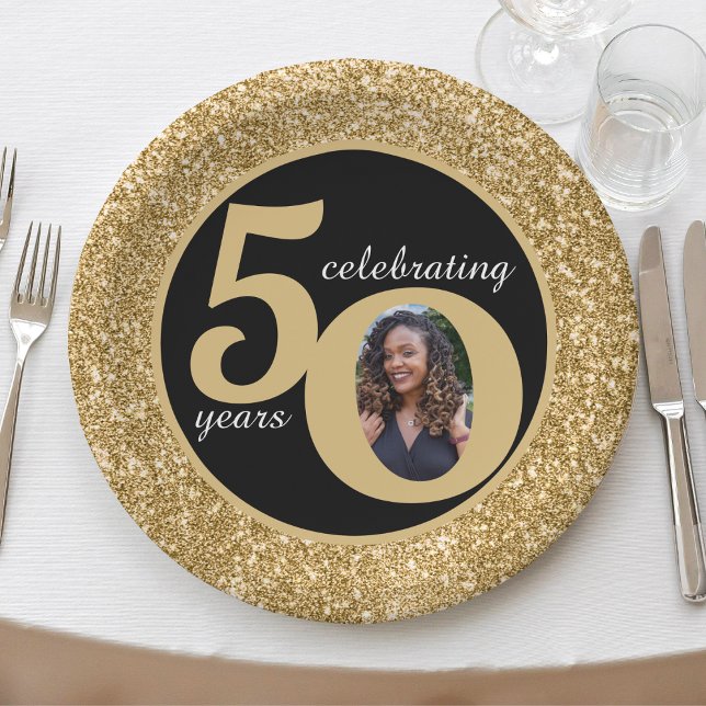 Assiettes En Carton Black & Gold Parties scintillant 50 Cinquante ans  (black and gold glitter 50th birthday paper plates)