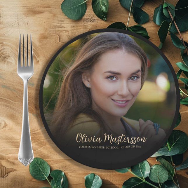 Assiettes En Carton Black Gold Photo Party (Black and gold graduation photo paper plate personalized with name, school name, and graduation year)