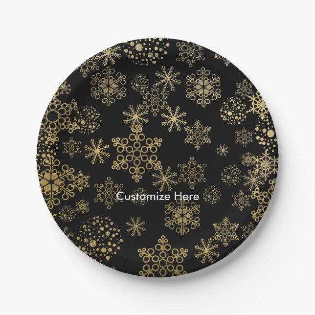 Assiettes En Carton Black & Gold Snowflakes Plaques de fête (Devant)