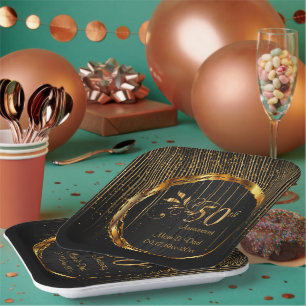 Assiettes En Carton Black & Gold Sparkle 50e anniversaire du Mariage