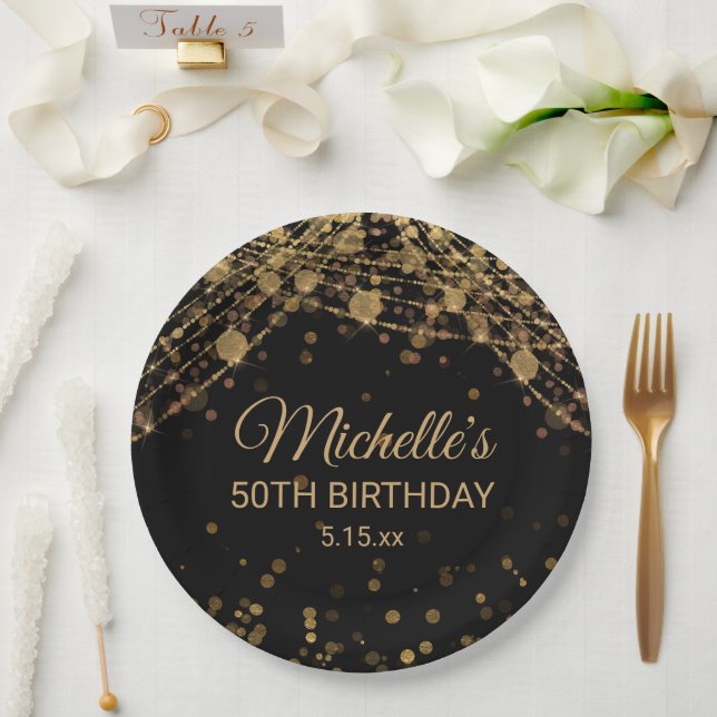 Assiettes En Carton Black Gold String Lumières Parties scintillant Adu (Mariage)