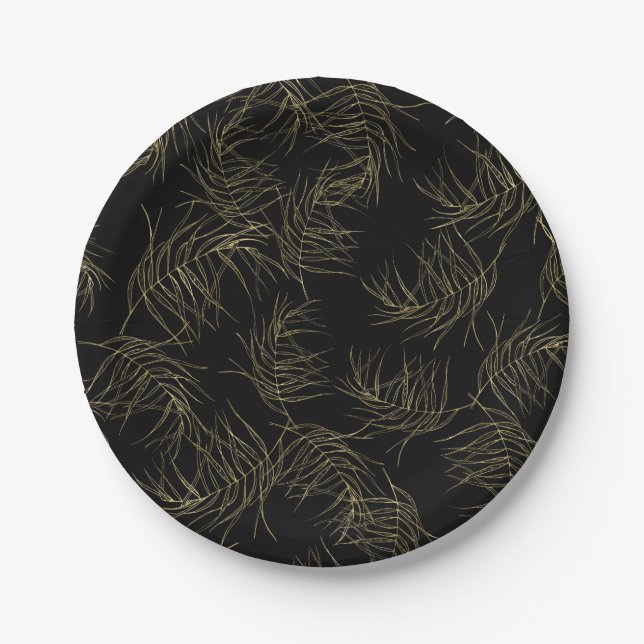 Assiettes En Carton Black & Gold Tropical Glam Feuille Chic Mariage (Devant)