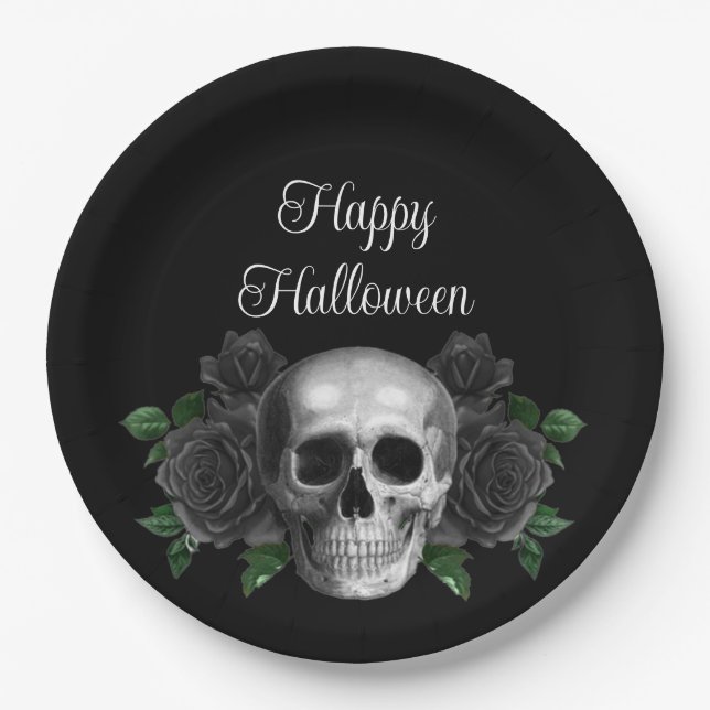 Assiettes En Carton Black Gothic Floral Skull Halloween (Devant)