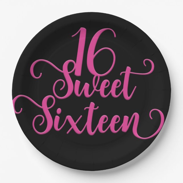 Assiettes En Carton Black & Hot Rose Sweet 16 Anniversaire fête (Devant)