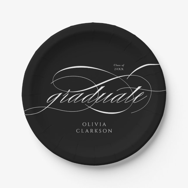 Assiettes En Carton Black Modern Elegant Script Photo Graduation Party (Devant)