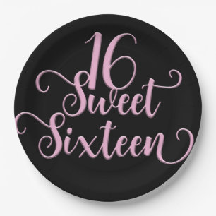 Assiettes En Carton Black & Pink fête d'anniversaire des 16 ans