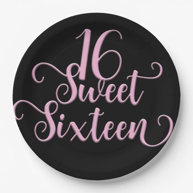 Assiettes En Carton Black & Pink Sweet 16 Anniversaire (Devant)