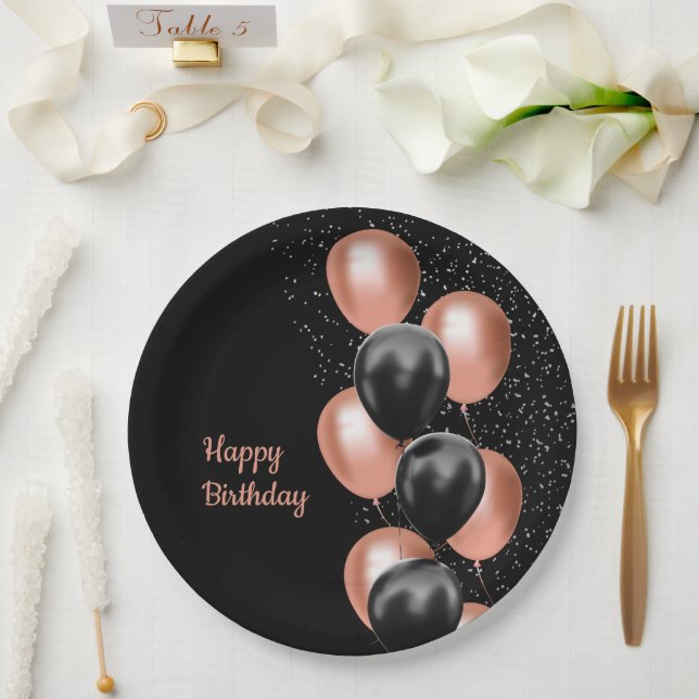 Assiettes En Carton Black Rose Gold Balloon Chic (Mariage)