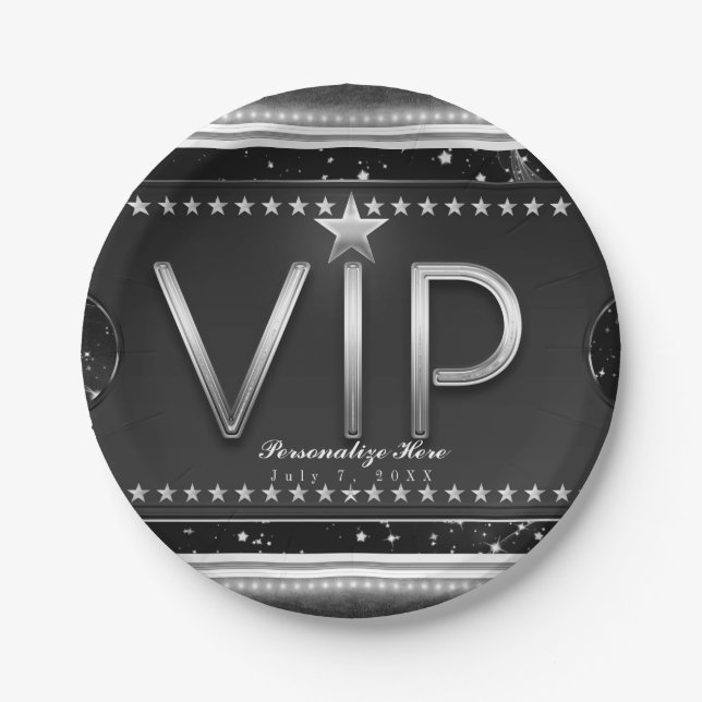 Assiettes En Carton Black & Silver Glam Stars VIP Ticket Custom Party (Devant)