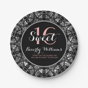 Assiettes En Carton Black & Silver Grey Floral Lace Sweet 16