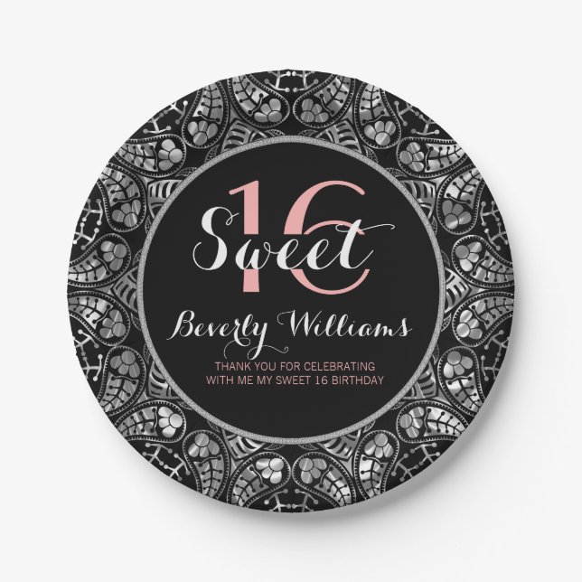 Assiettes En Carton Black & Silver Grey Floral Lace Sweet 16 (Devant)
