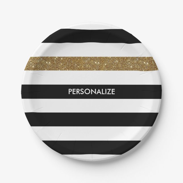 Assiettes En Carton Black Stripes FAUX Gold Glitz et Nom (Devant)