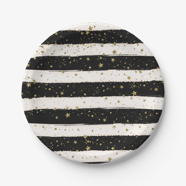 Assiettes En Carton Black White Aquarelle rayures Gold Parties scintil (Devant)