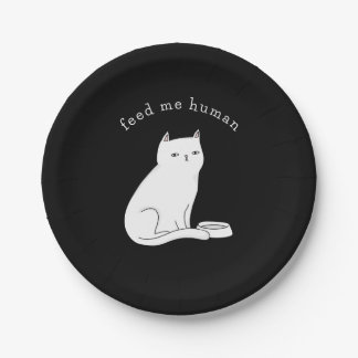 Assiettes En Carton Black white drôle chat "feed me human"