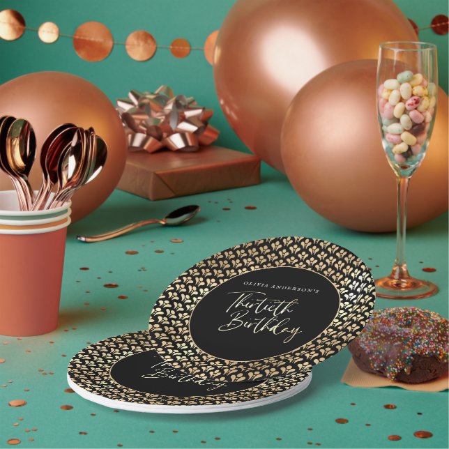 Assiettes En Carton Black White et Gold Script 30e fête d'anniversaire (Multi)
