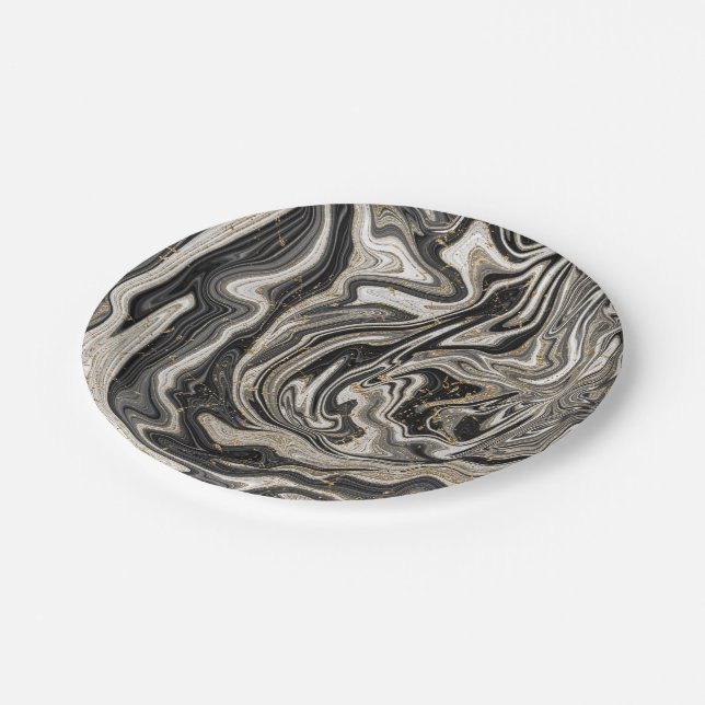 Assiettes En Carton Black White & Gold Chic Swirl Mariage moderne (Angle)