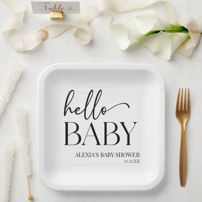 Assiettes En Carton Black White Minimaliste Hello Baby shower bébé (Mariage)