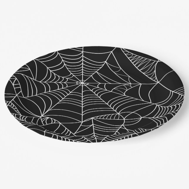 Assiettes En Carton Black & White Spiderwebs Fête d'Halloween (Angle)