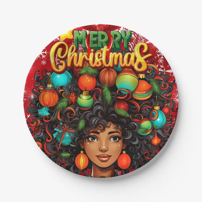 Assiettes En Carton Black Woman Melanin Noël Afro Natural Queen (Devant)