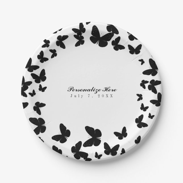 Assiettes En Carton Blanc avec papillons noirs Personnalisé Parti Chic (Devant)