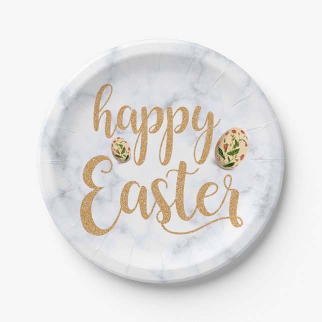 Assiettes En Carton Blanc avec Parties scintillant or Joyeux Pâques |  (Devant)