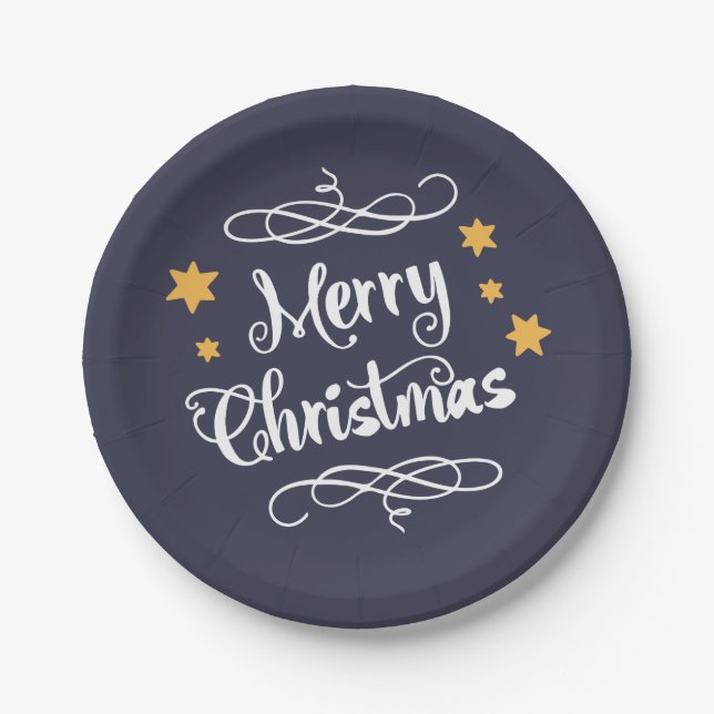 Assiettes En Carton Blanc bleu-clair de typographie de Joyeux Noël (Devant)