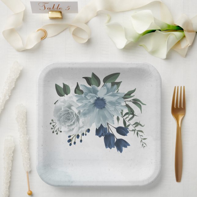 Assiettes En Carton blanc & bleu mariage fleuri (Mariage)
