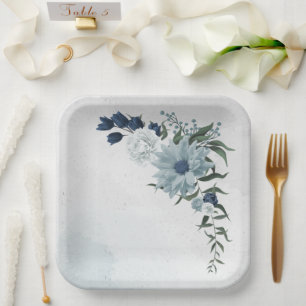 Assiettes En Carton blanc & bleu mariage fleuri
