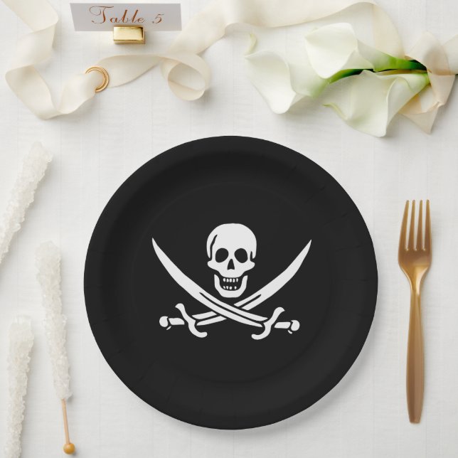 Assiettes En Carton Blanc, Drapeau Pirate Calico Jack, Crâne & Cutlass (Mariage)