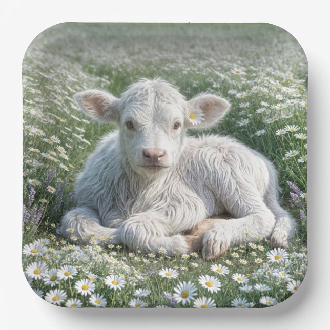 Assiettes En Carton Blanc Écossais Haut-Calf Dans Le pré De Daisy (Recto)