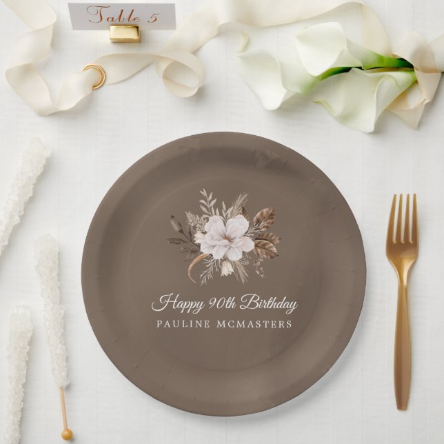 Assiettes En Carton Blanc Floral Neutre Automne 90e anniversaire (Mariage)