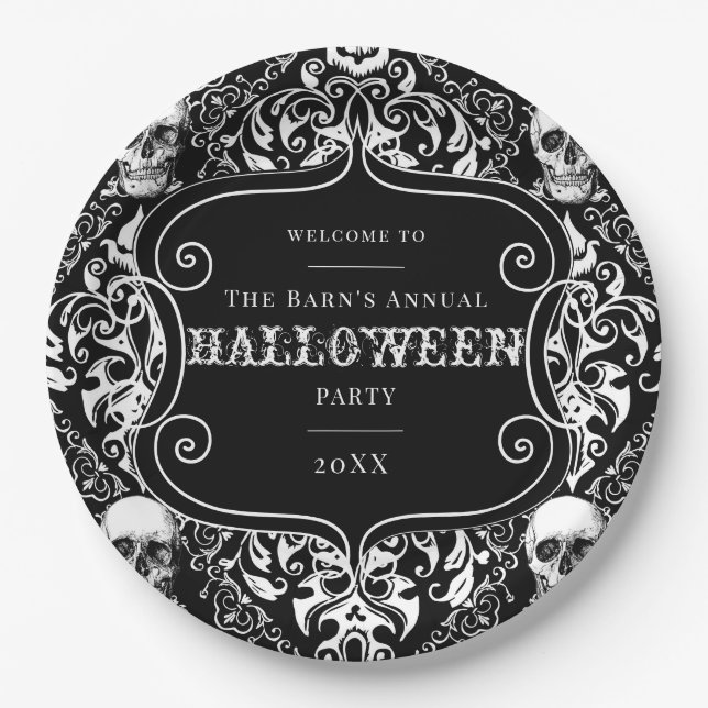 Assiettes En Carton Blanc noir Damask crâne Halloween Motif personnali (Devant)
