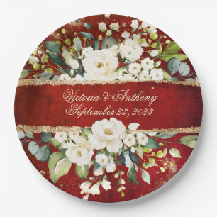 Assiettes En Carton Blanc or Botanique Floral Rustique Rouge Mariage