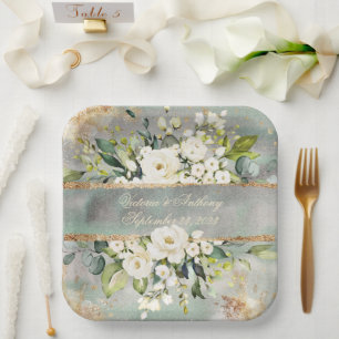 Assiettes En Carton Blanc or Botanique Floral Sage Vert Mariage