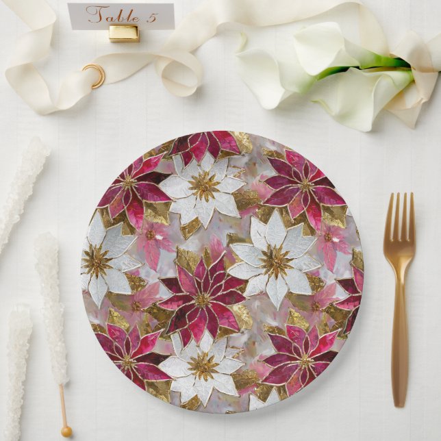 Assiettes En Carton Blanc Or Bourgogne rose Poinsettias de Noël (Mariage)
