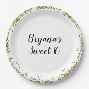 Assiettes En Carton Blanc Or Paillettes Glam Bord Douce 16 Fête Person