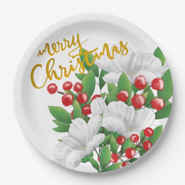 Assiettes En Carton Blanc Rouge Vert Floral Or Joyeux Noël (Devant)
