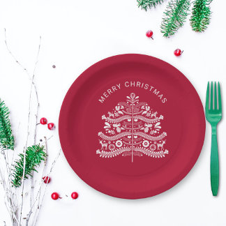 Assiettes En Carton Blanc sur arbre de Noël scandinave rouge