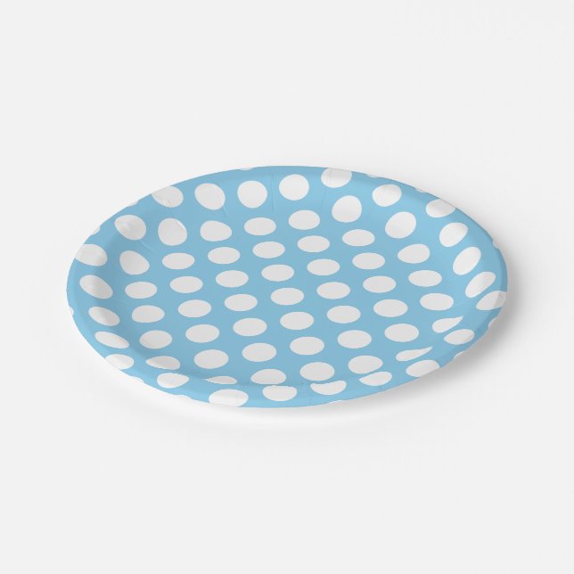 Assiettes En Carton Blanc sur Bébé Bleu Grand Taille Pois (Angle)