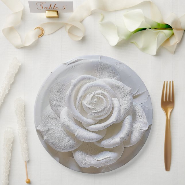 Assiettes En Carton Blanc sur blanc - Rose sculpté (Mariage)