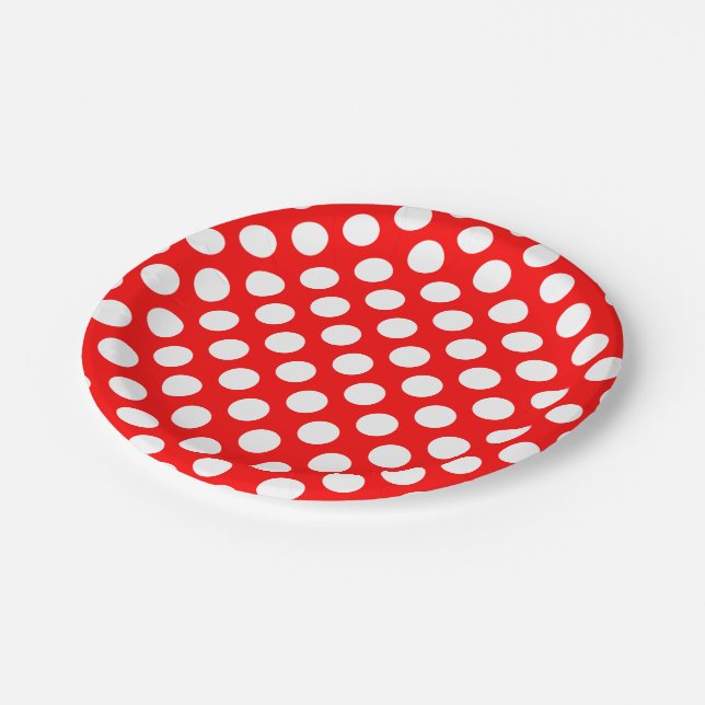Assiettes En Carton Blanc sur rouge grand format Pois (Angle)
