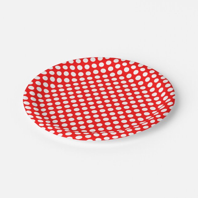 Assiettes En Carton Blanc sur rouge Pois de taille moyenne (Angle)