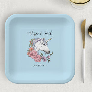 Assiettes En Carton Blanc Unicorne rose Fleurs Bleu