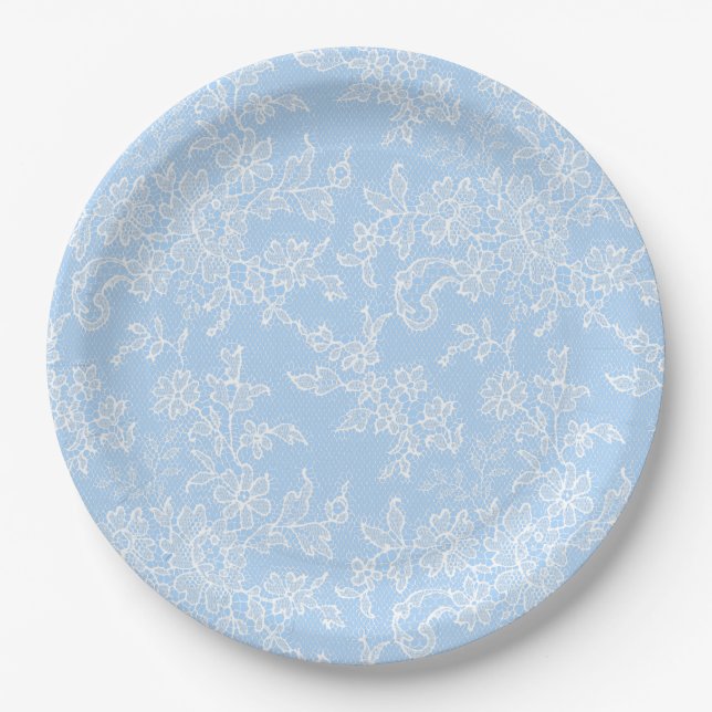 Assiettes En Carton Blanche dentelle Bleu Bébé Garçon Douche Plaques e (Devant)